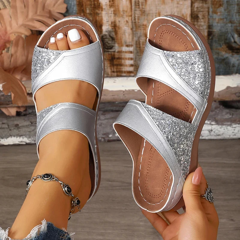 Golden Glitter Platform Sandals for Women Summer Lightweight Wedge Heel Sandles Woman Plus Size 43 Thick Sole Sandalias Mujer