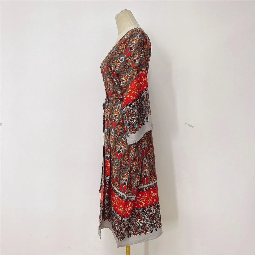 Printed Long Sleeve Crochet Knitted Cardigan Tunic Beach Cover Up Cover-ups Beach Dress Beach Wear Beachwear Female Women K7203