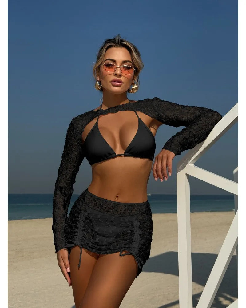Toucheart Sexy Lingerie Suit for Women Mesh Four-piece Beach Swimsuit Sexy Bikini Solid Color Long Sleeves Mesh See-through Set