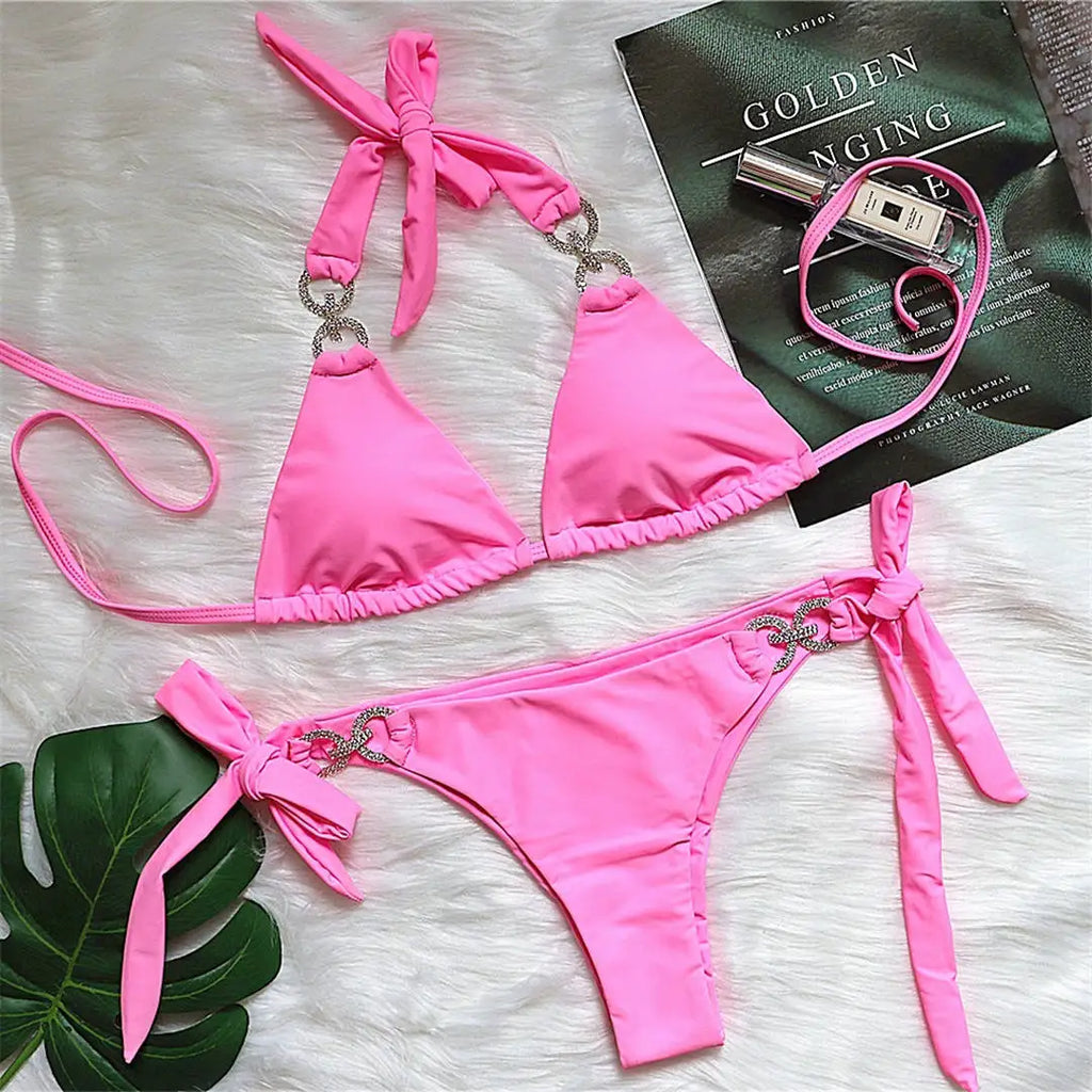 New Halter Bling Diamond Brazilian Bikini Female Swimsuit Women Swimwear Two-Pieces Bikini Set Bather Bathing Suit Swim V2340