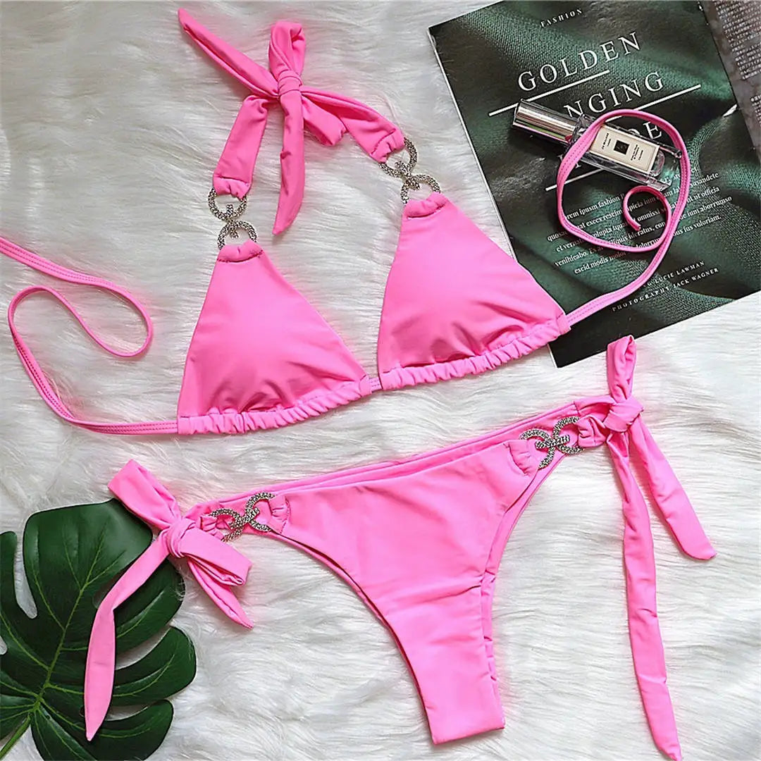 New Halter Bling Diamond Brazilian Bikini Female Swimsuit Women Swimwear Two-Pieces Bikini Set Bather Bathing Suit Swim V2340