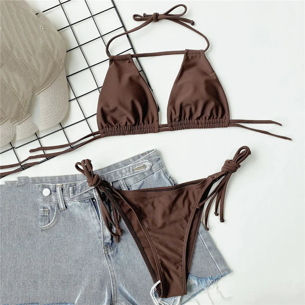 Sexy Brown String Halter Micro Thong Bikinis Sets Lace-up Swimsuit Hollow Out Swimwear Women 2026 Biquinis Bathing Suit Bikini