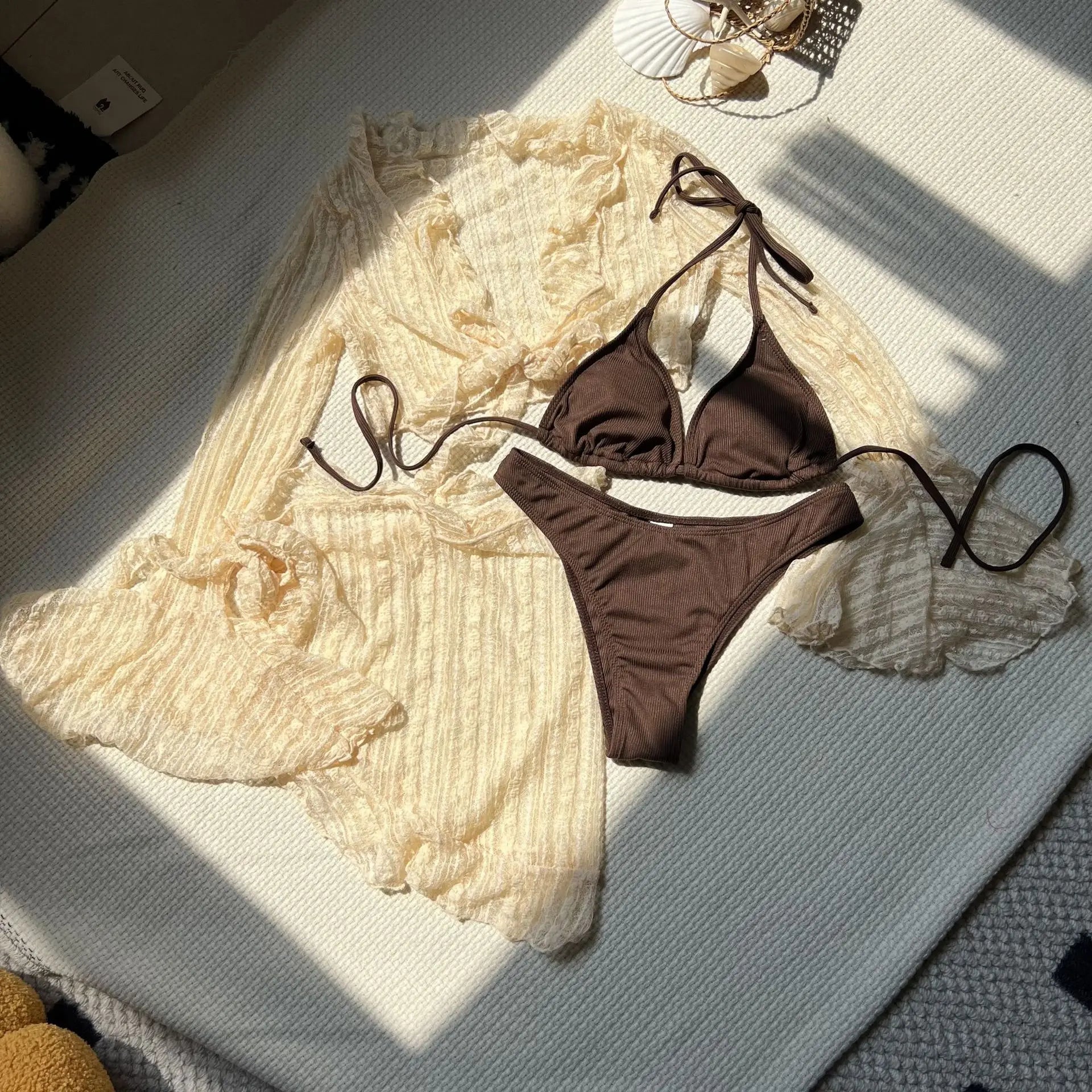 DEKA 4Pcs/Set Mesh Sheath Bikini Set Female Mini Camis Briefs Short Skirt Swimwear Fashion Drawstring Long Sleeve Boho Swimsuit