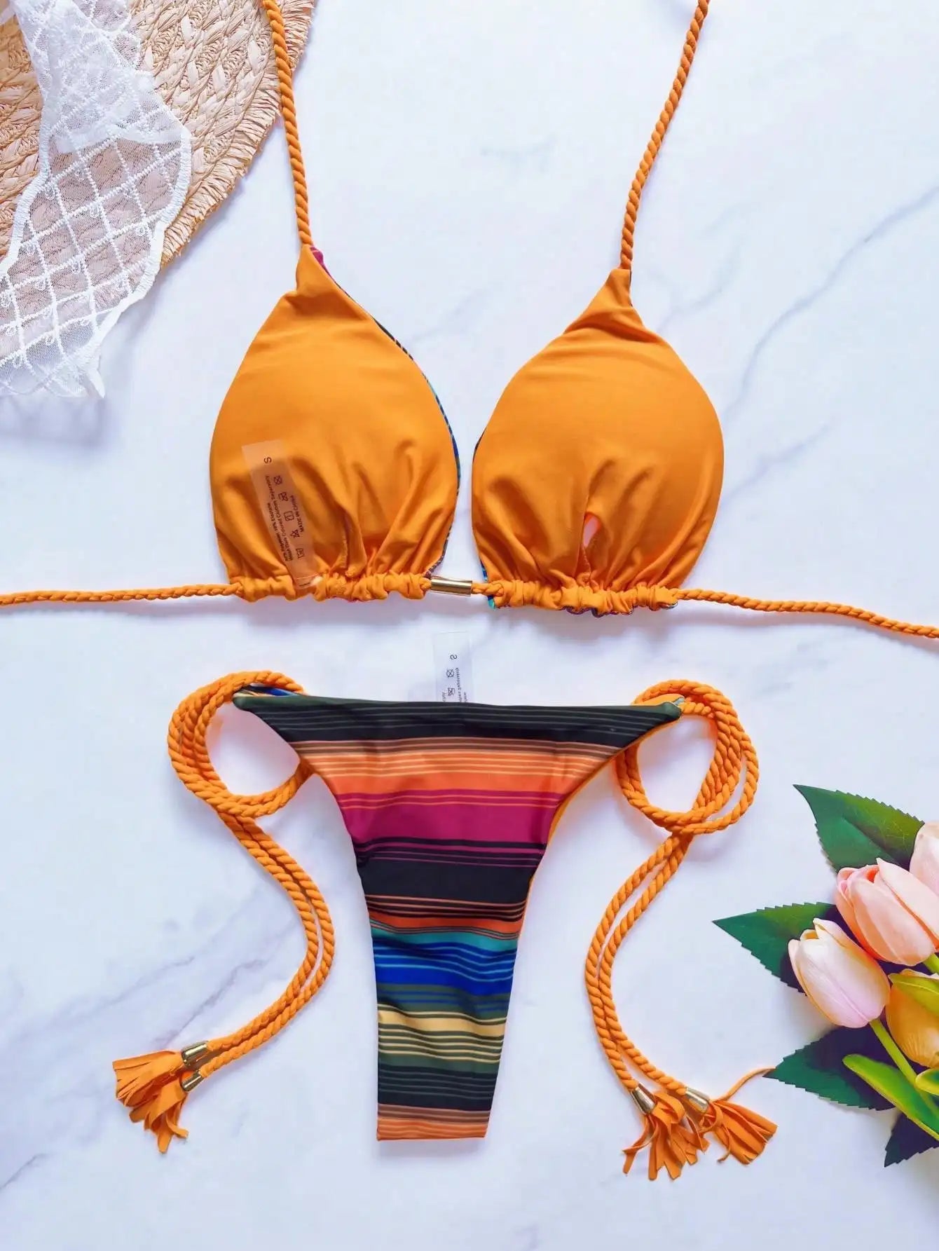 2026 Sexy Leopard Print Swimwear Women'S Split Bikini Set Woven Rope Strap Fringe Beach Women'S Two-Piece Swimsuit Bathing Suit