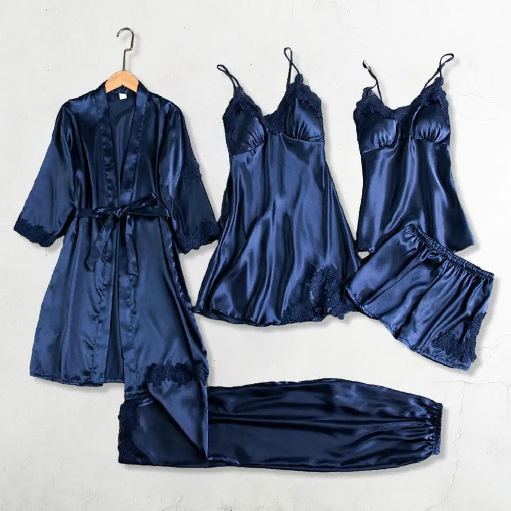 5 Pcs/Set Silky Satin Women Pajamas Set Nightgown Nightdress Top Shorts Pants Set Lace Patchwork Loose Thin Women Sleepwear
