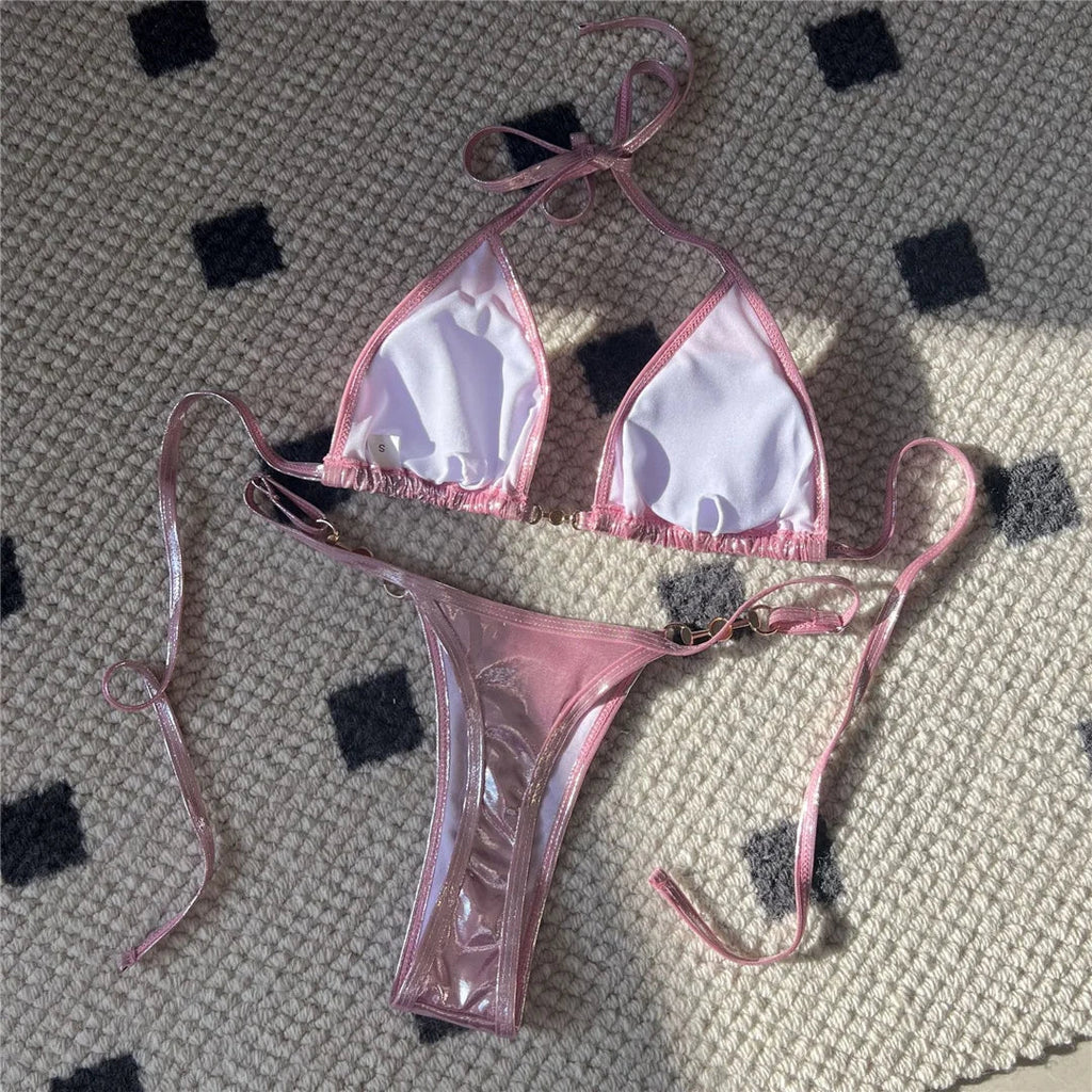 PU Faux Leather Halter Mini Thong Bikini Women Swimwear Female Swimsuit  Two-Pieces Bikini Set Bather Bathing Suit Swim V5206W