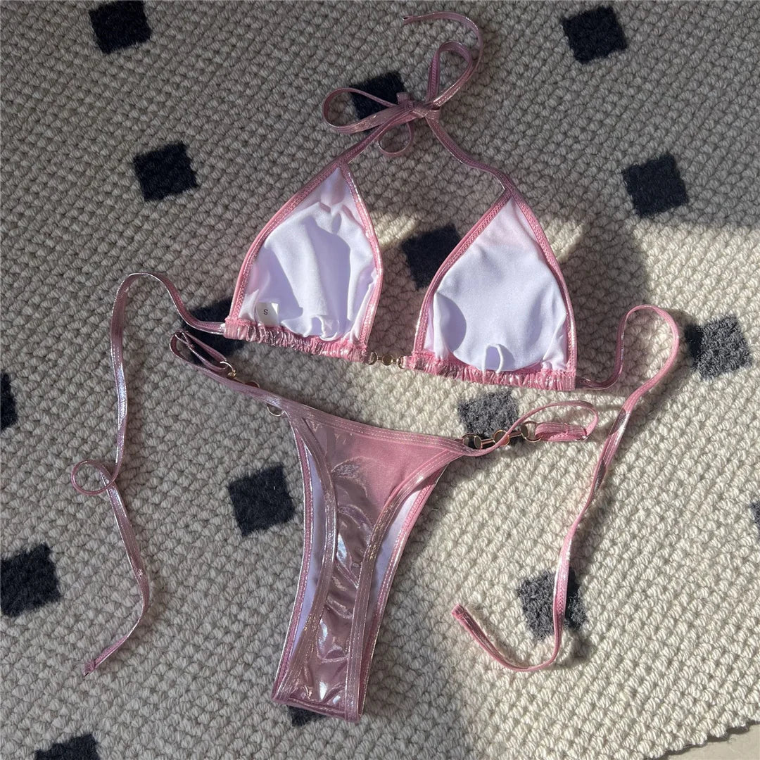 PU Faux Leather Halter Mini Thong Bikini Women Swimwear Female Swimsuit  Two-Pieces Bikini Set Bather Bathing Suit Swim V5206W