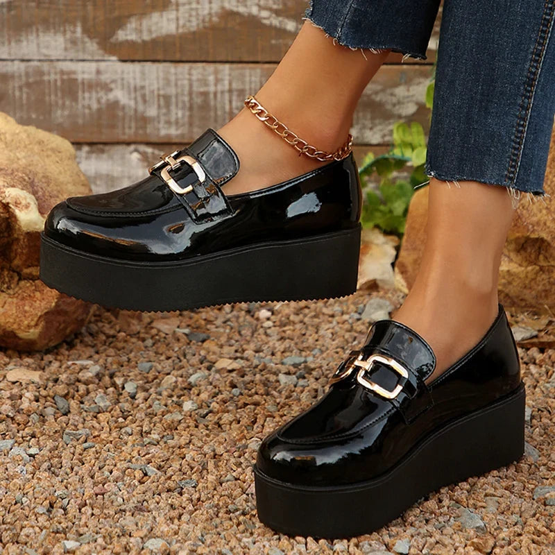 Black Chunky Wedges Loafers Shoes for Women Fashion Metal Chain Slip On Platform Shoes Woman Plus Size Patent Leather Shoes 43