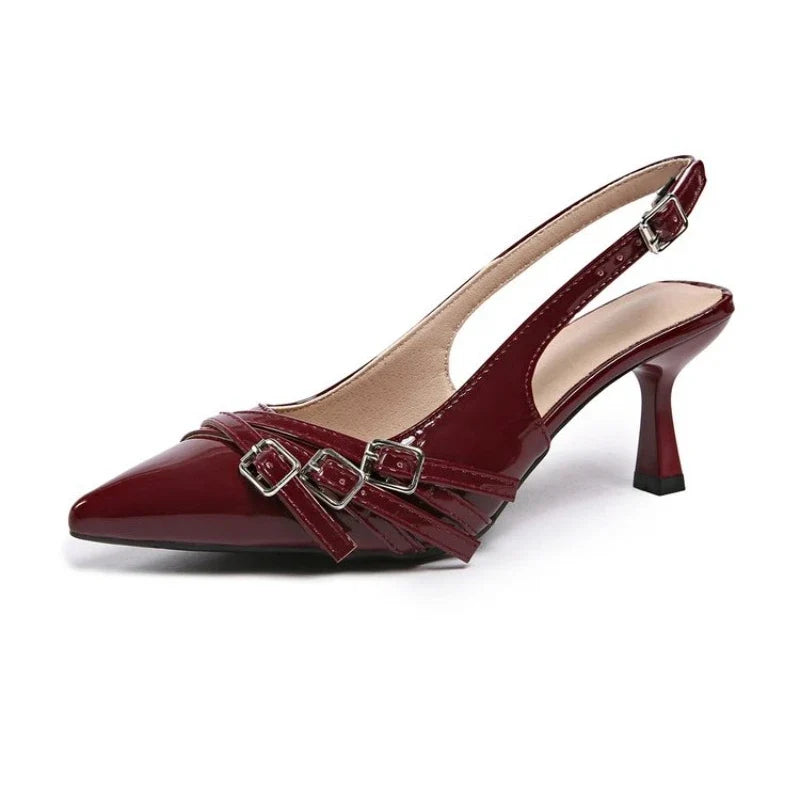 2026 Women Sandals Fashion Pointed Toe Buckle Strap Metal High Heeled Kitten Heel Elegant Single Shoes