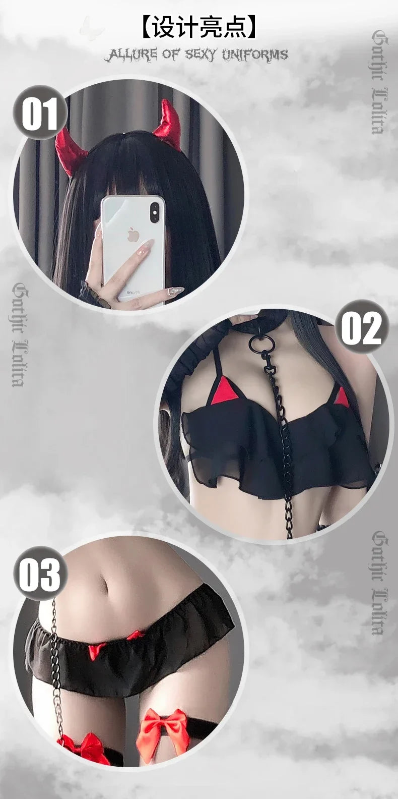 Porn Sexy Little Devil Cosplay Costumes Women Sexy Lingerie Chiffon 3Pcs Confortable Stretch Bra Set Erotic Gothic Outfit