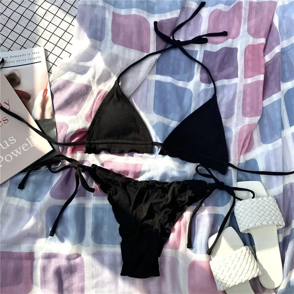 Ruffled Frilled Brazilian Bikini Women Swimwear Two-Pieces Bikini Set Female Swimsuit Halter Bather Bathing Suit Swim Lady V2817