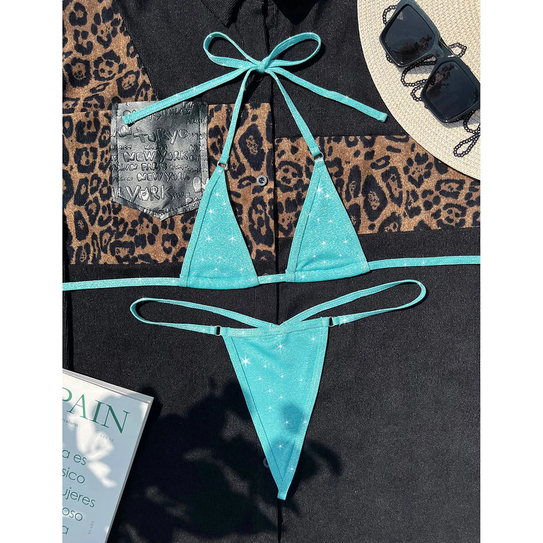 Sexy Glitter Extreme Mini Micro Thong Bikini Women Swimwear Two-Pieces Bikini Set Female Swimsuit Bather Bathing Suit Swim V4334