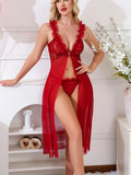 Sexy Lace Mesh Patchwork Front Open Pajamas Comfortable And Casual Long Women's Nightgown With Thongs Nightdress