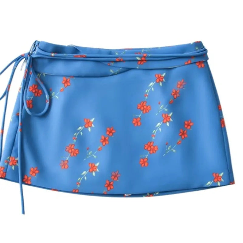 Vacation Vietnam Low-waist Cross-strap Mini Skirt For Women Summer Fresh Print Slim-fit Bodycon Ultra-short Skirt Elegant H1YO