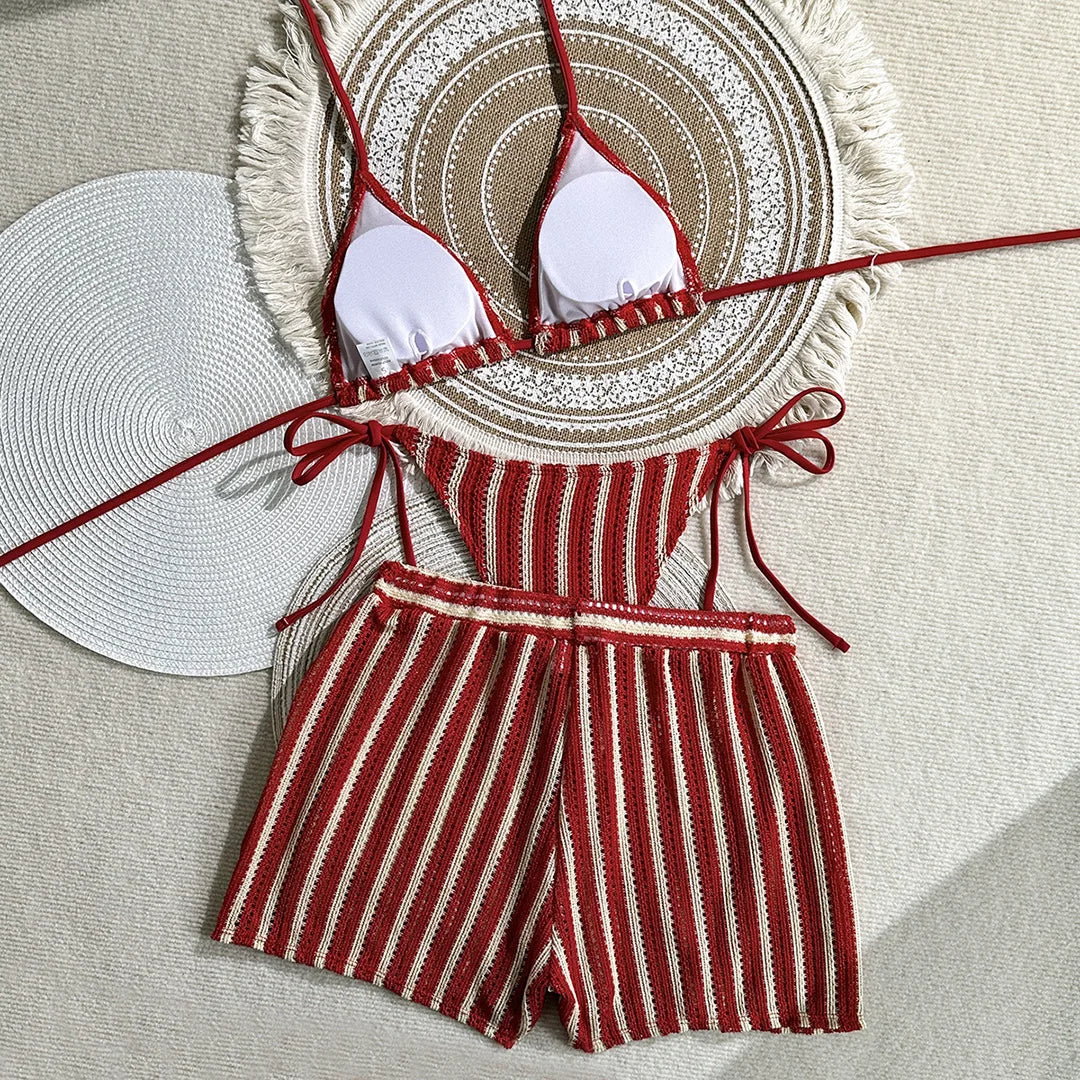 With Shorts Striped Halter Bikini Female Swimsuit Women Swimwear Three-Pieces Bikini Set Padded Bather Bathing Suit Swim V7159