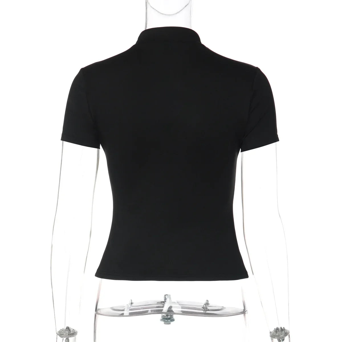 FDYOUI Fashion Stand Collar Button Hollow Out T-shirt for Women 2026 Sexy Short Sleeve Slim Cropped T Shirts Black Wine Red Tops
