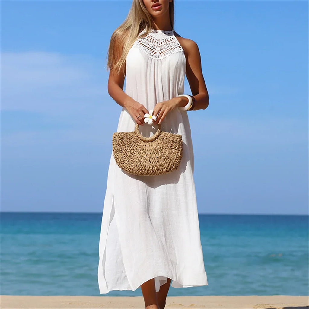 Solid Hollow Out Sleeveless Crochet Knitted Tunic Beach Cover Up Cover-ups Beach Dress Beach Wear Beachwear Female Women V7642