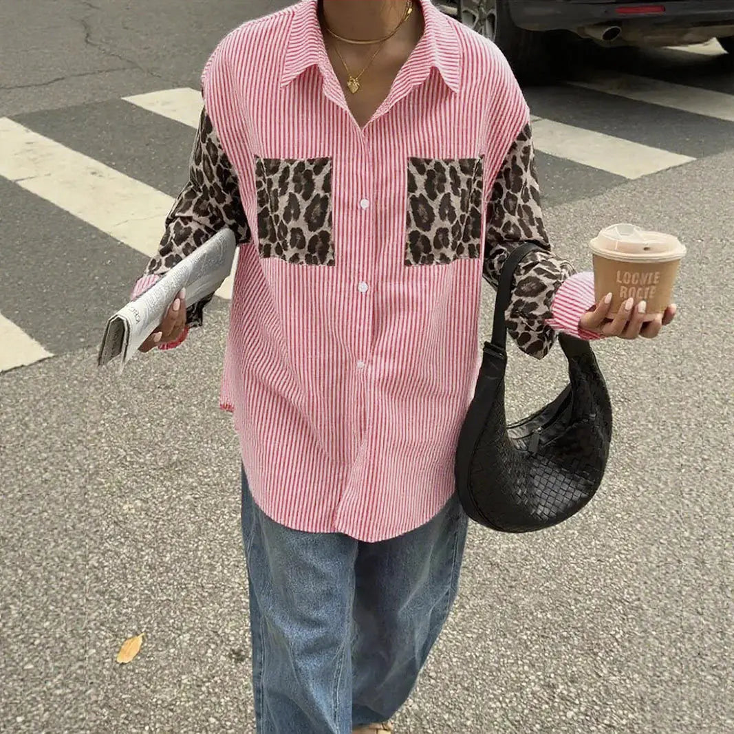 2026 New Women's Loose Casual Leopard Stripe Patchwork Long Sleeve Shirt with Pockets Turn Down Collar Blouse Top