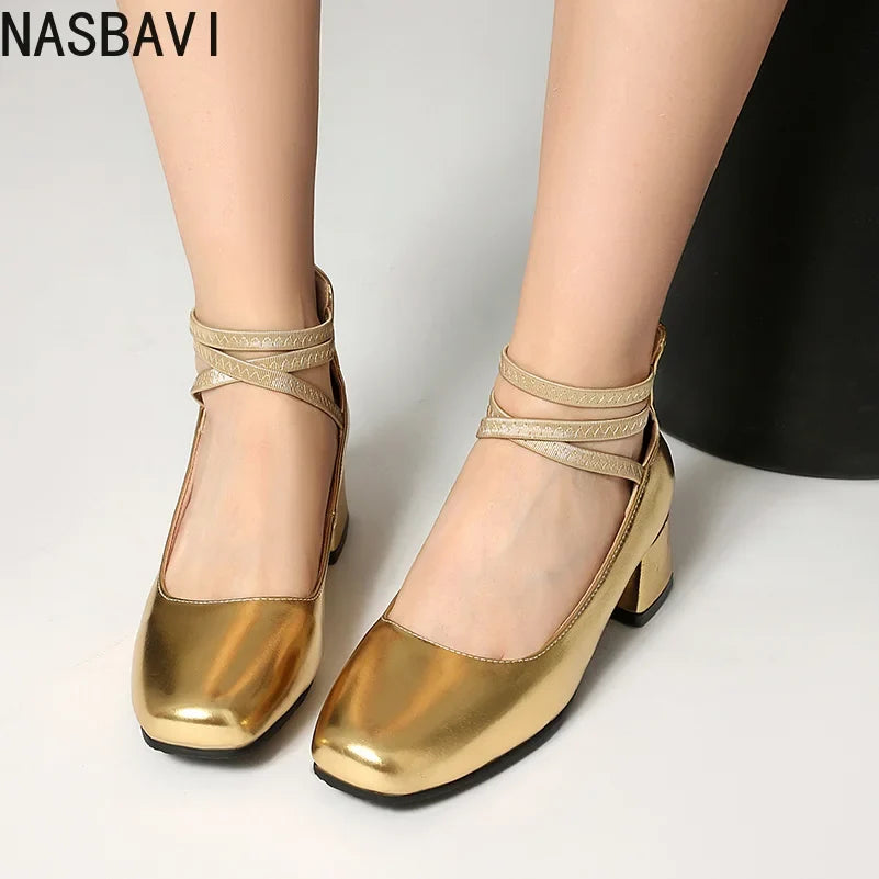 Metallic Silver Gold Women Mary Jane Pumps Square Toe Block Heel Crisscross Ankle Strap Back Zipper Elegant Party Dress Heels