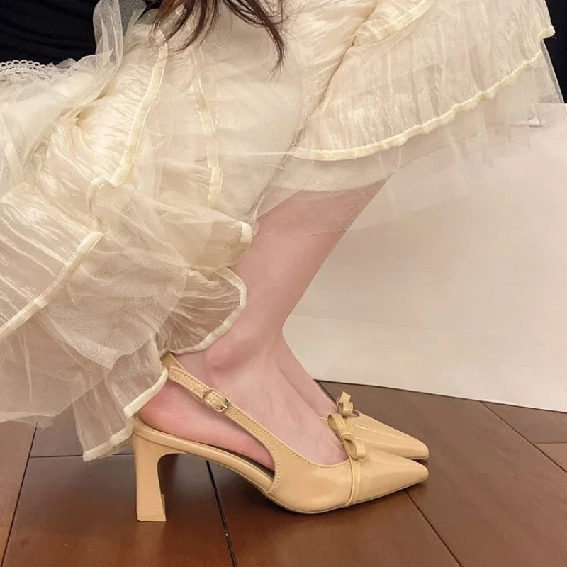 2026 Summer Fashion Sandals Women Pointed Toe Shallow Low Heels Shoes Ladies Elegant Outdoor Slingback Single Shoes Bow Shoes