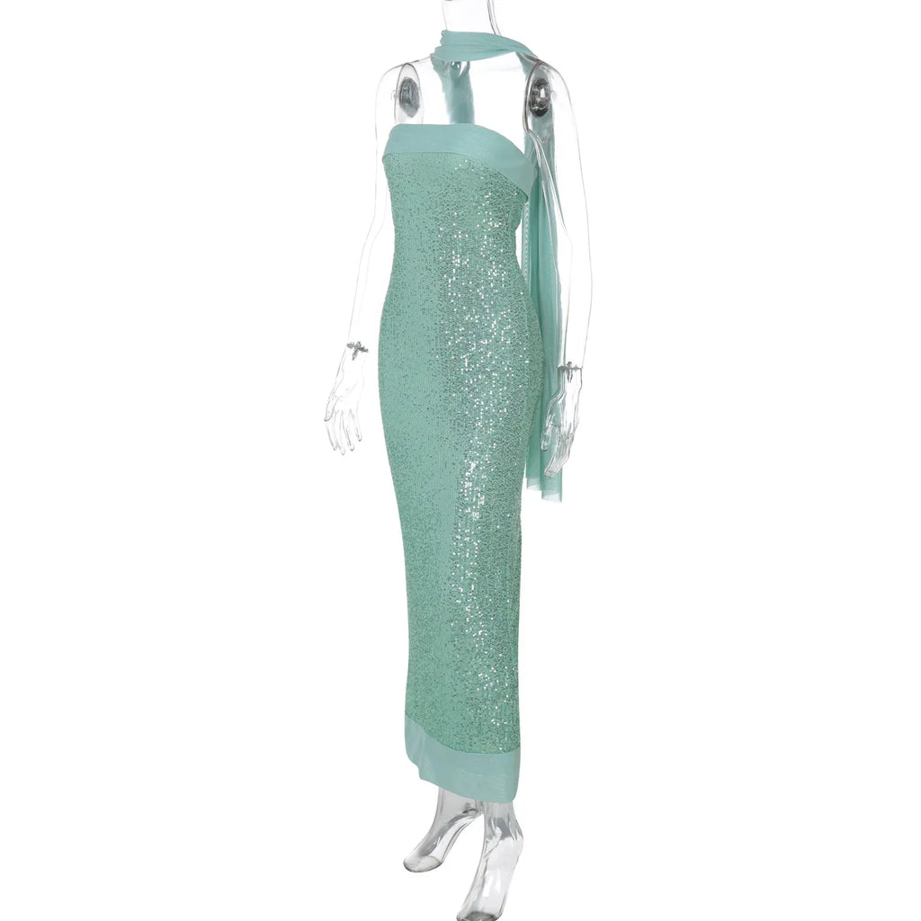 FDYOUI Luxury Bandage Sequins Evening Party Dresses for Women Sexy Strapless Off Shoulder Backless Split Slim Long Wedding Dress