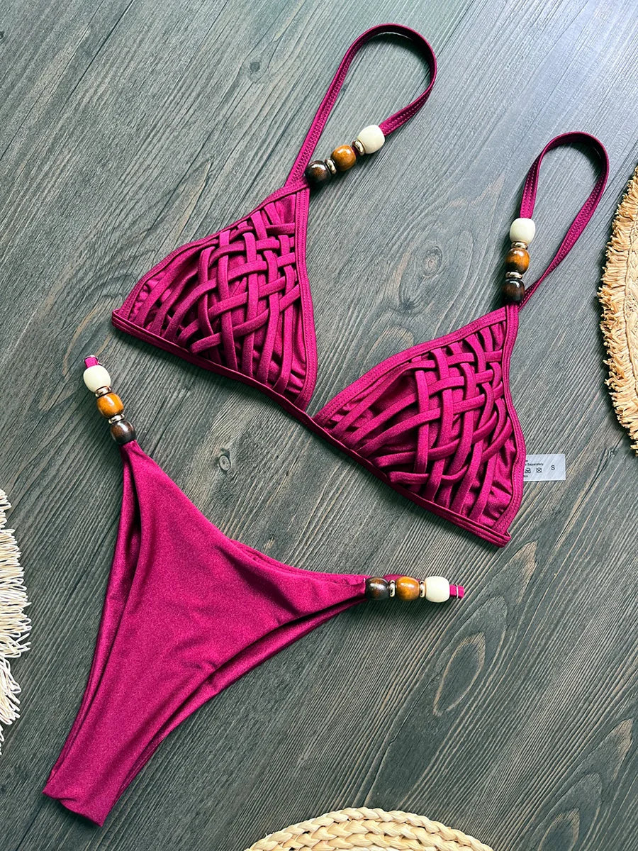 Beads Cross Bandage Bikinis 2026 Bikini Women Swimwear Female Swimsuit Two-pieces Bikini Set Push Up Bra Bathing Suit Swim Lady
