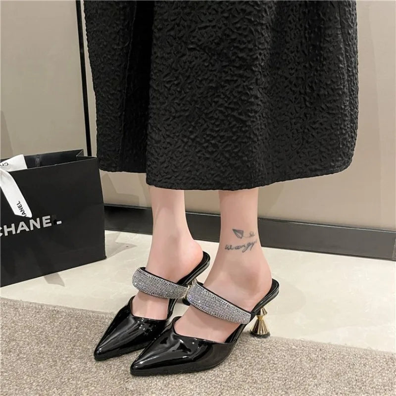 American pointed rhinestone high-heeled slippers women slim heels with toe caps, empty fashion sandals,