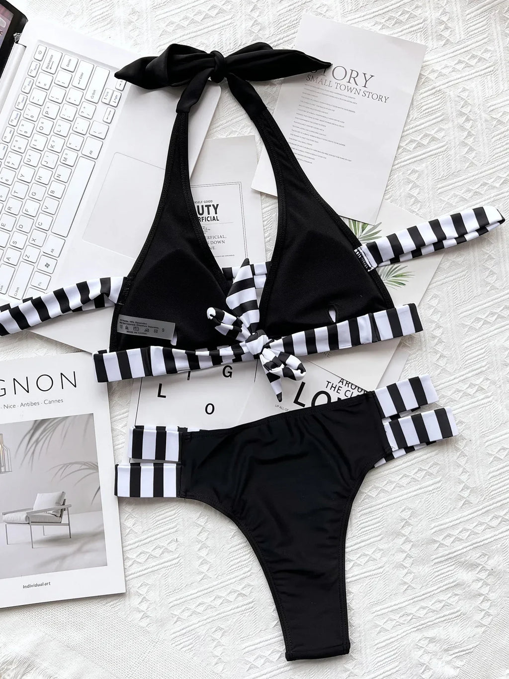 New Sexy Bikini Women Swimwear Swimsuit Striped Patchwork Hollow Halter Knotted High Waist Bikinis Set Bathing Suit Beach Bikini