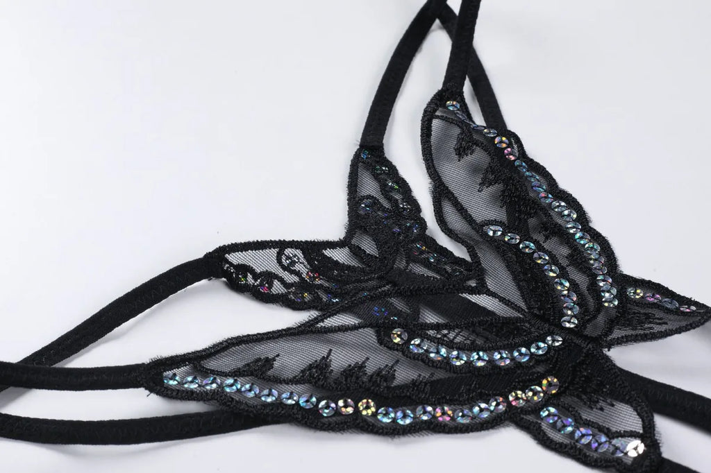 Double-Layer Thin Strap Sexy Thong Butterfly Embroidery Low Waist Sexy Bikini Pure Lace Sequins T-Shaped Panties Sexy G-strings