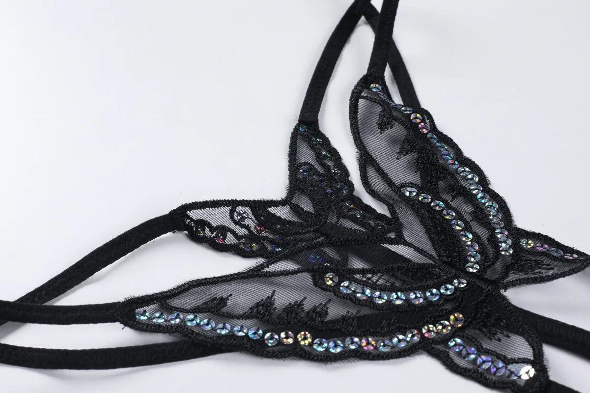 Double-Layer Thin Strap Sexy Thong Butterfly Embroidery Low Waist Sexy Bikini Pure Lace Sequins T-Shaped Panties Sexy G-strings
