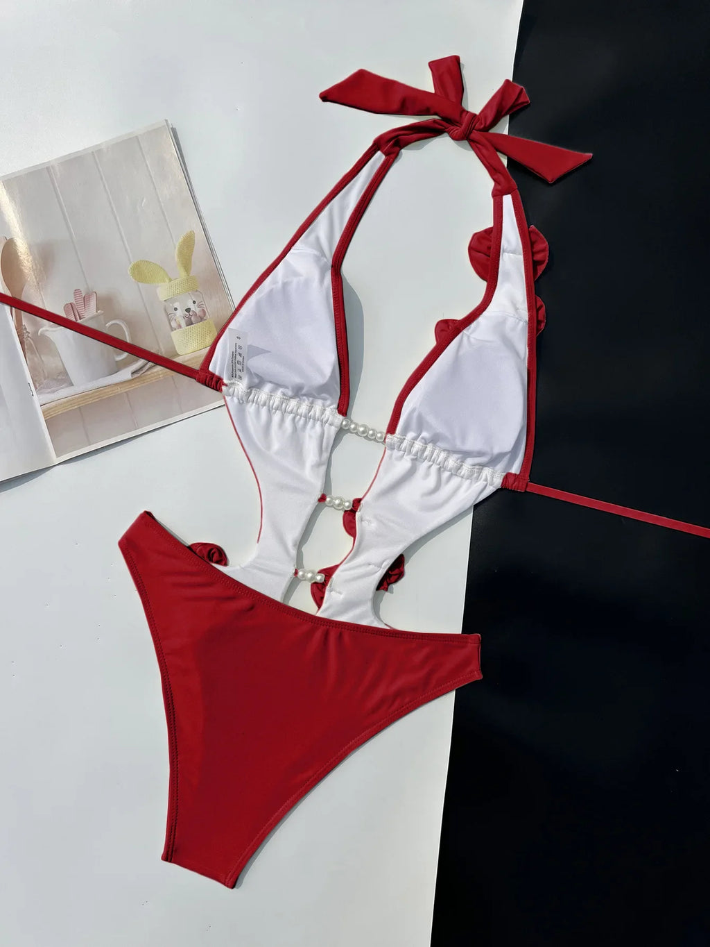 Sexy Pearls 3D Flower Swimwear Women 2026 Red Hollow Out Bandage Backless Thong Bikini Bathing Suit One Piece Swimsuit Monokini