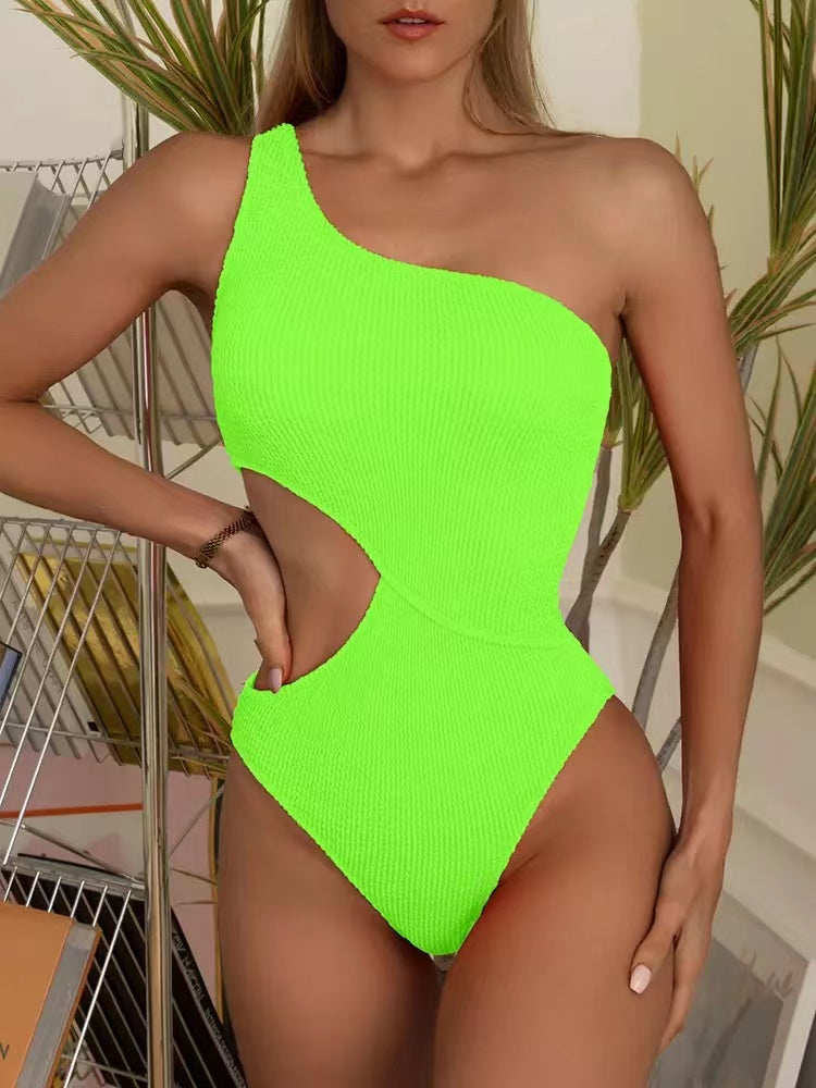 2024 New One Shoulder Women's Swimsuit One Piece Cut Out Sexy Swimwear Women Textured Monokini Solid Bathing Suit Beach Wear