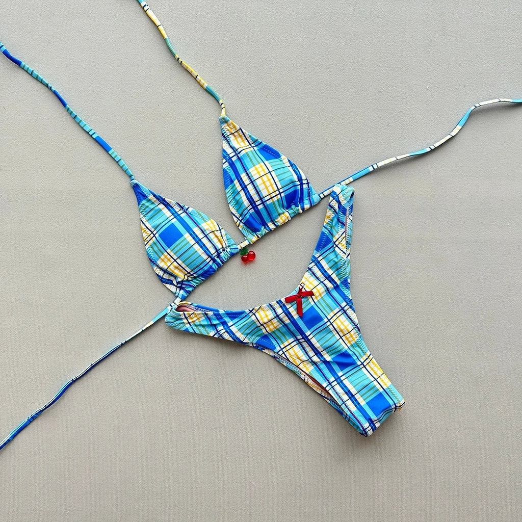 Sexy Blue Plaid Micro Bikini 2025 Women Halter Push Up Bra Bow Thong Swimsuit Summer Holiday Bathing Suit Triangle Swimwear
