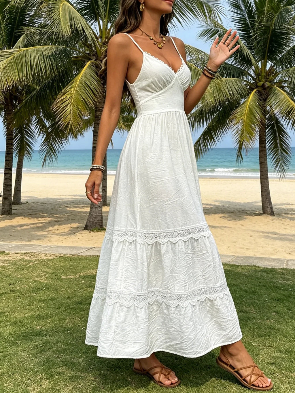 Women Summer Long Cami Dress French Style Lace Trim Back Tie Bow Spaghetti Strap A-line Tiered Dresses for Daily Vacation Travel