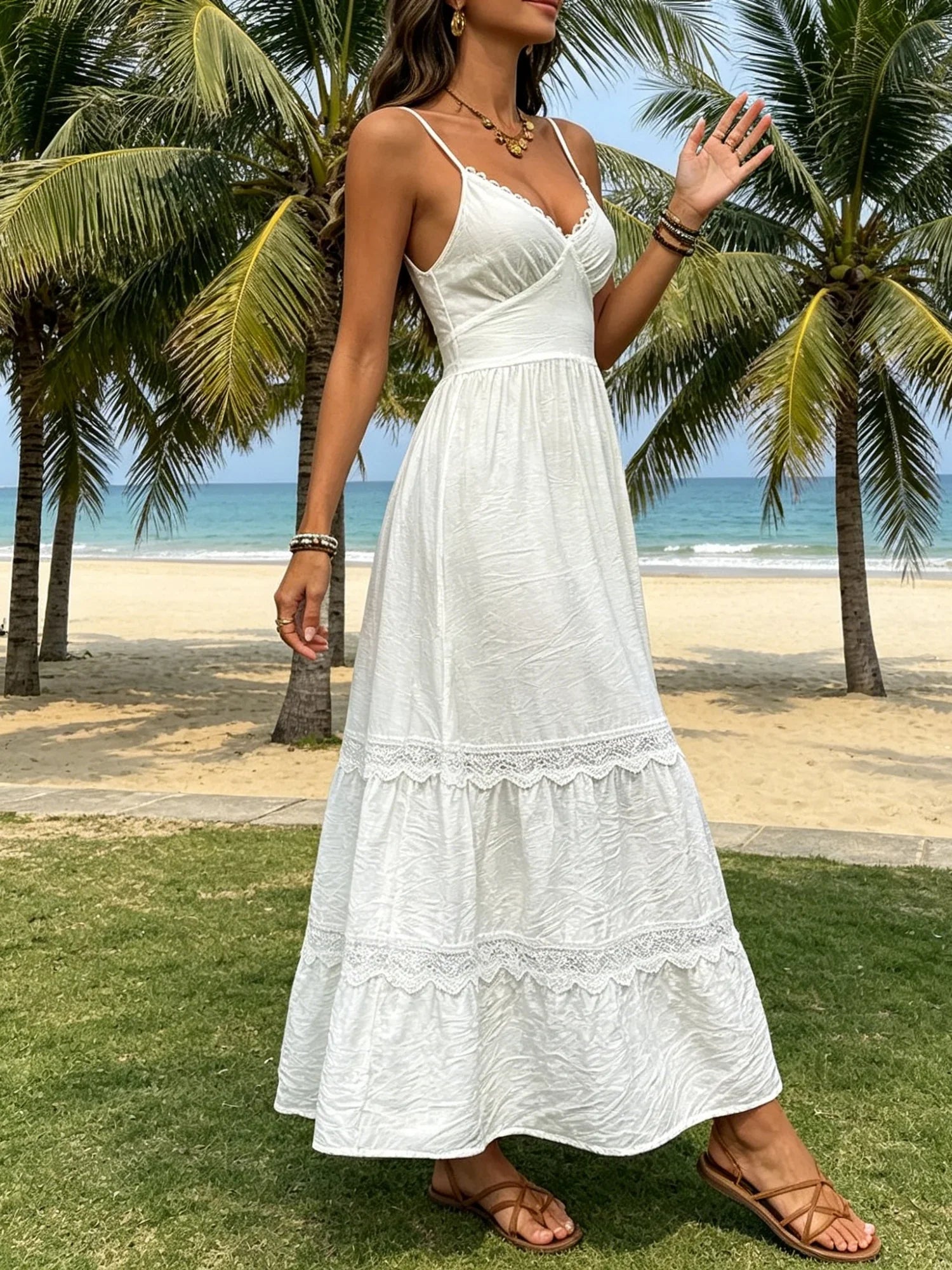 Women Summer Long Cami Dress French Style Lace Trim Back Tie Bow Spaghetti Strap A-line Tiered Dresses for Daily Vacation Travel