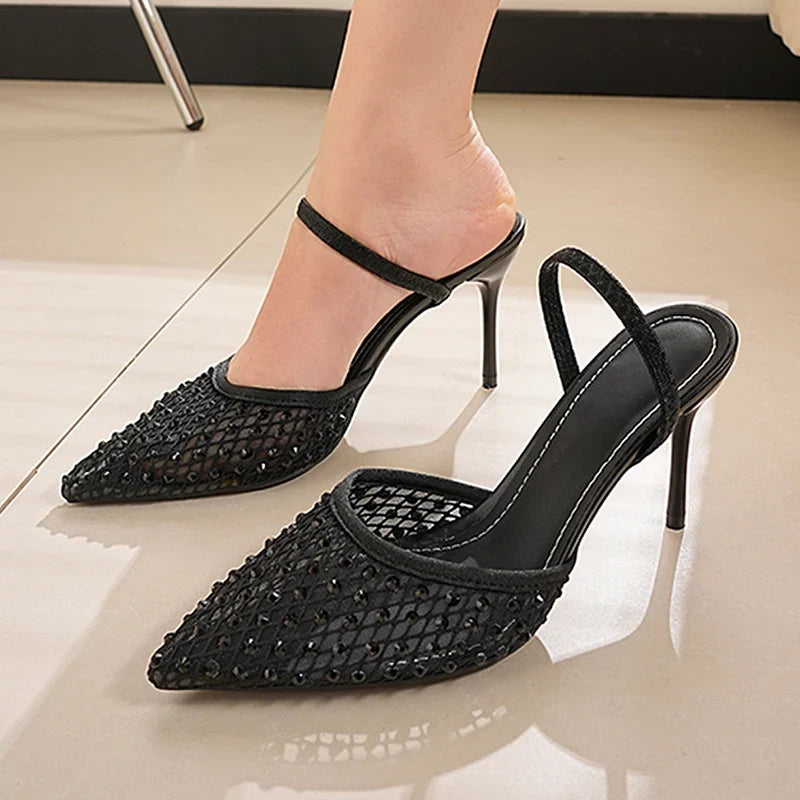 Sexy Pointed Toe Thin High Heel Slippers Women Plus Size 34-43 Stiletto Heeled Party Shoes Woman Elegant Slip On Sandals Ladies