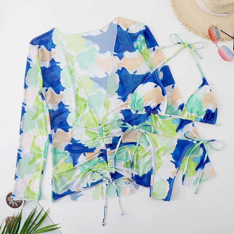 DEKA Sold Triangle Bikini Set Blouse Swimsuit Women Printed Halter Swimwear Cover Up Beach Wear 3 Pieces Sheer Bathing Suit