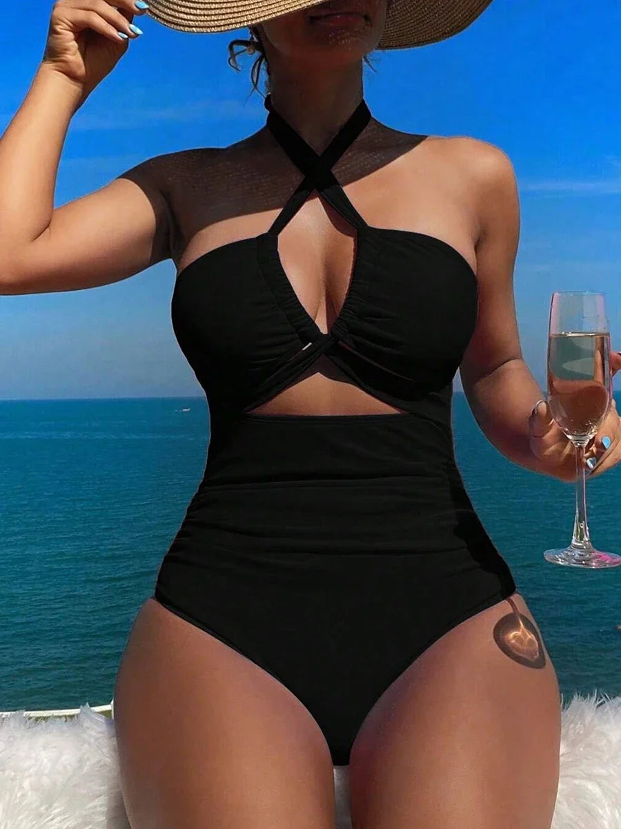 2026 Sexy Padded Swimsuit Women One Piece Halter Hollow Swimwear Female Solid Bathers Bathing Swimming Swim Suit Beachwear