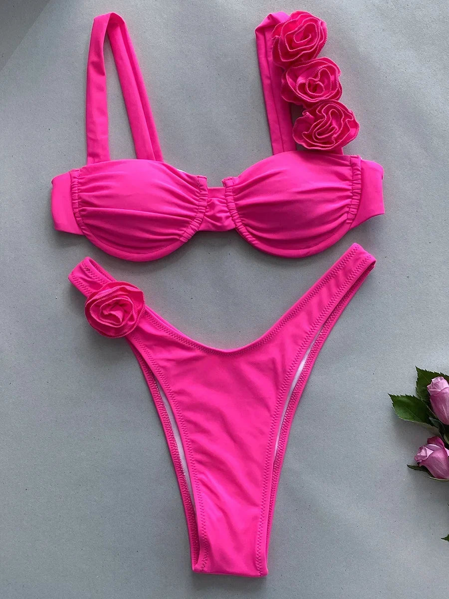 3D Flowers Underwired Brazilian Bikini Women Thong Swimwear Female Swimsuit Two-pieces Bikini Set Push Up Bathing Suit Swim