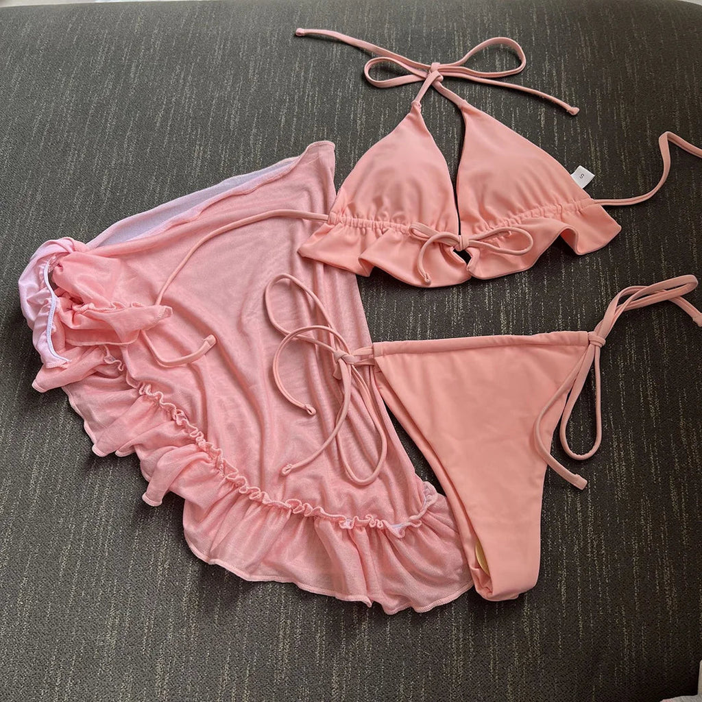 New With Sarong Halter Ruffled Bikini Women Swimwear Female Swimsuit Three-pieces Bikini Set Bather Bathing Suit Swim Lady V4144