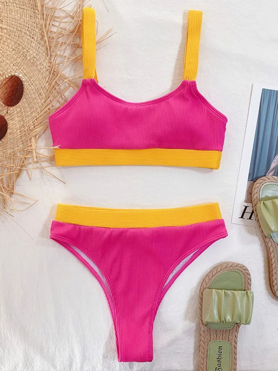 Sexy Splicing Ribbed Bikinis High Waist Bikini 2026 Female Swimsuit Women Swimwear Two-pieces Bikini Set Bathing Suit Swim Lady