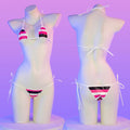 Summer Swimwear Japanese Kawaii PU Leather Micro Bikini Set Women Swimsuit Stripes Bra Set Sexy Lingerie Underwear Costume