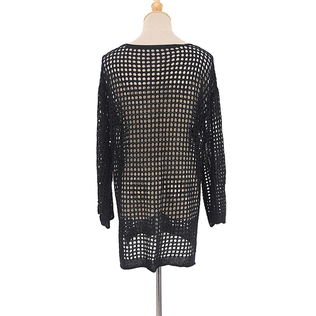 Long Sleeve Hollow Out Top Crochet Knitted Tunic Beach Cover Up Cover-ups Beach Dress Beach Wear Beachwear Female Women V4250