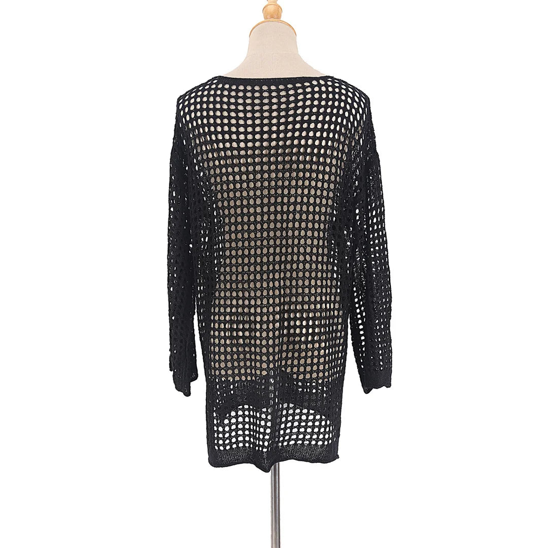 Long Sleeve Hollow Out Top Crochet Knitted Tunic Beach Cover Up Cover-ups Beach Dress Beach Wear Beachwear Female Women V4250