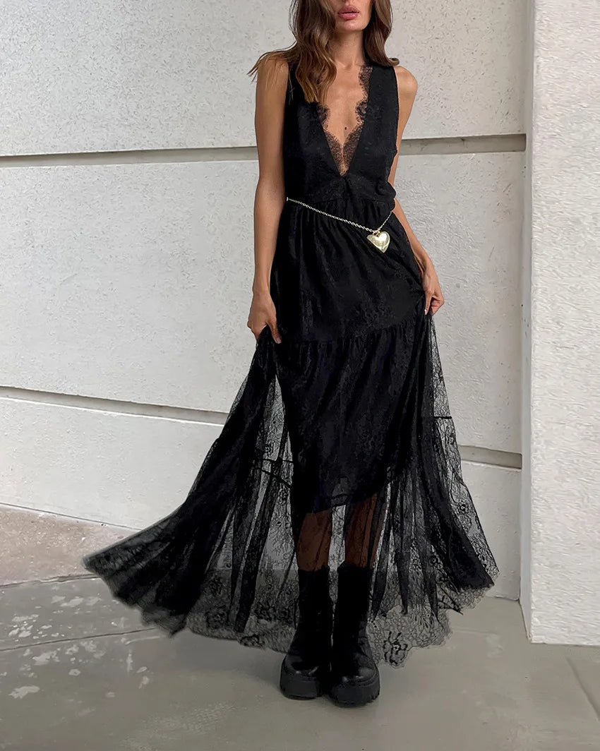 Sexy Deep V-neck Sleeveless Lace Dress Streetwear Women 2026 Backless Tunics A-line Party Dresses Long Maxi Robe Black White