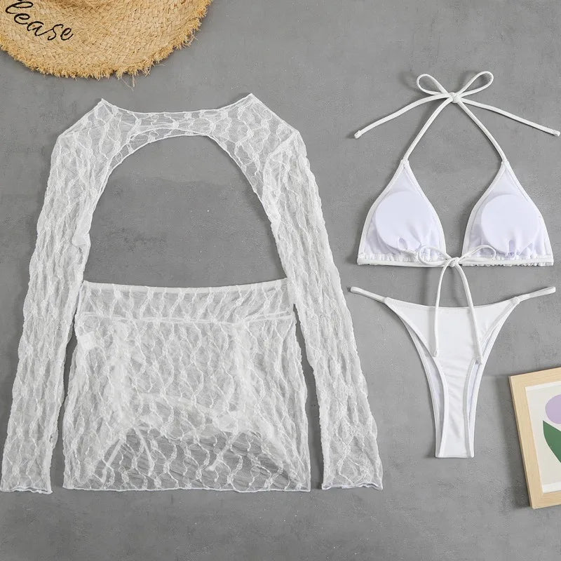 Toucheart Sexy Lingerie Suit for Women Mesh Four-piece Beach Swimsuit Sexy Bikini Solid Color Long Sleeves Mesh See-through Set