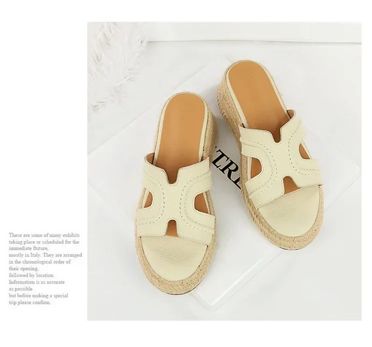 Spring 2025 Women's Slippers Hollow Out Strap Waterproof Thick Heel Woven Rope Country Style Slip-On Shoes Polyurethane Material