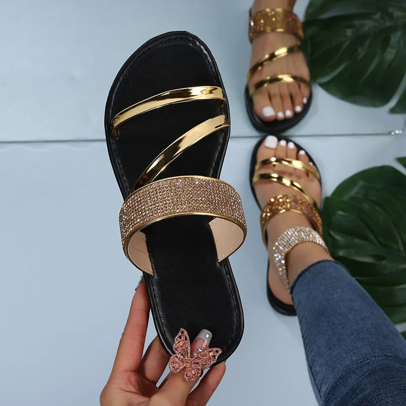 Sparkling Rhinestone Slides for Women - Comfy Open Toe Flats for Indoor & Outdoor Wear 2026 New