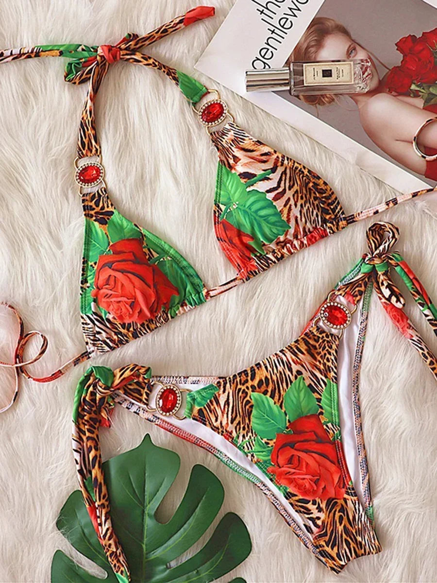 Sexy Leopard Crystal Diamond Bikini 2025 Women Swimsuit Female Halter Swimwear Two Pieces Bikini set Brazilian Bathing Suit Swim