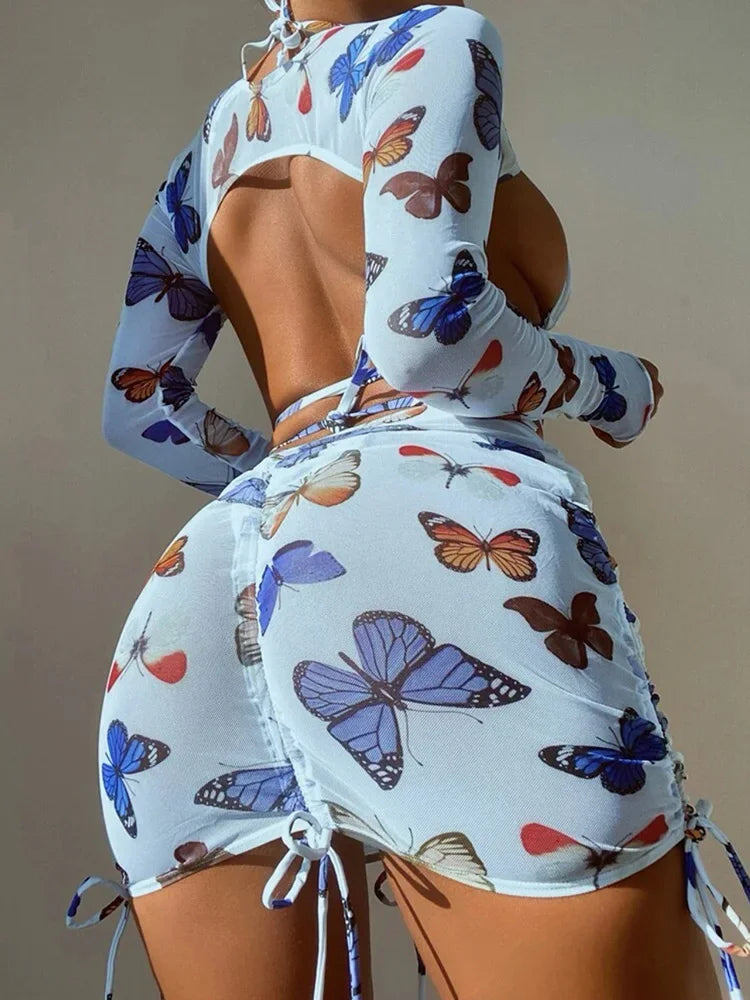 Long Sleeve Printed Halter Bikini Female Swimsuit Women Swimwear Four-pieces Bikini Set with Mesh Skirt Bathing Suit Beach Wear